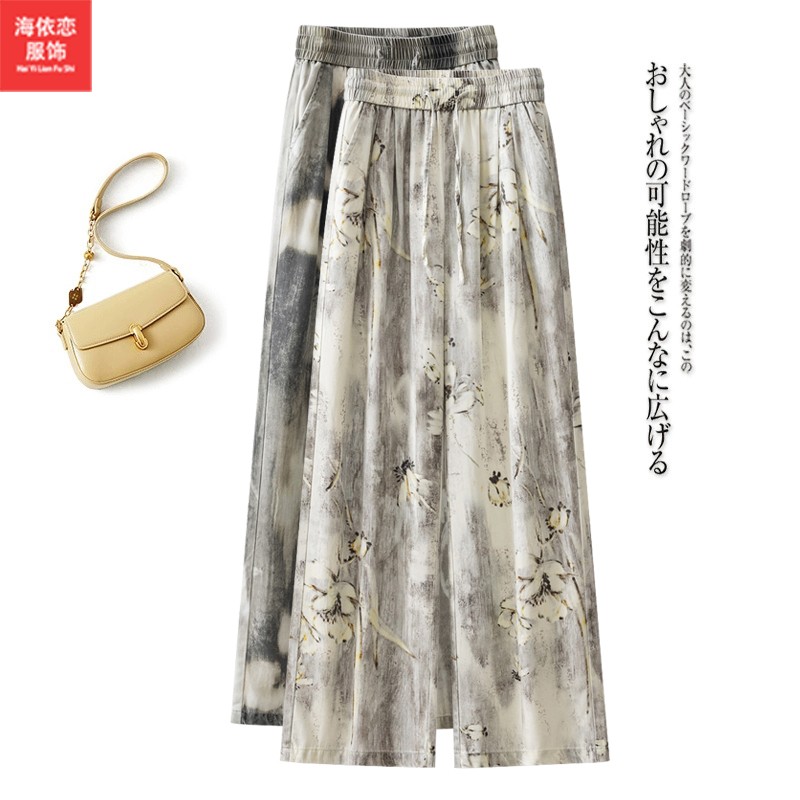 水墨画冰丝阔腿裤女2025夏季新款松紧腰薄款垂感休闲国风直筒裤子