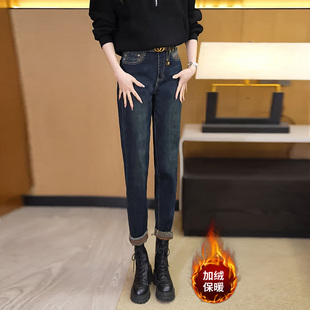 女秋冬季 高腰咖色老爹裤 2025年新款 大码 子 马丁靴裤 哈伦加绒牛仔裤
