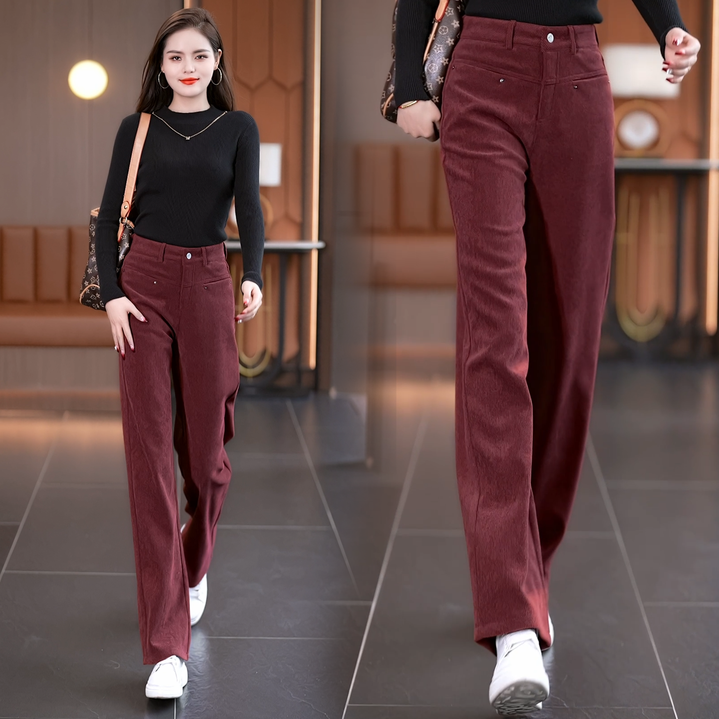 超好看灯芯绒色军绿高腰阔腿裤