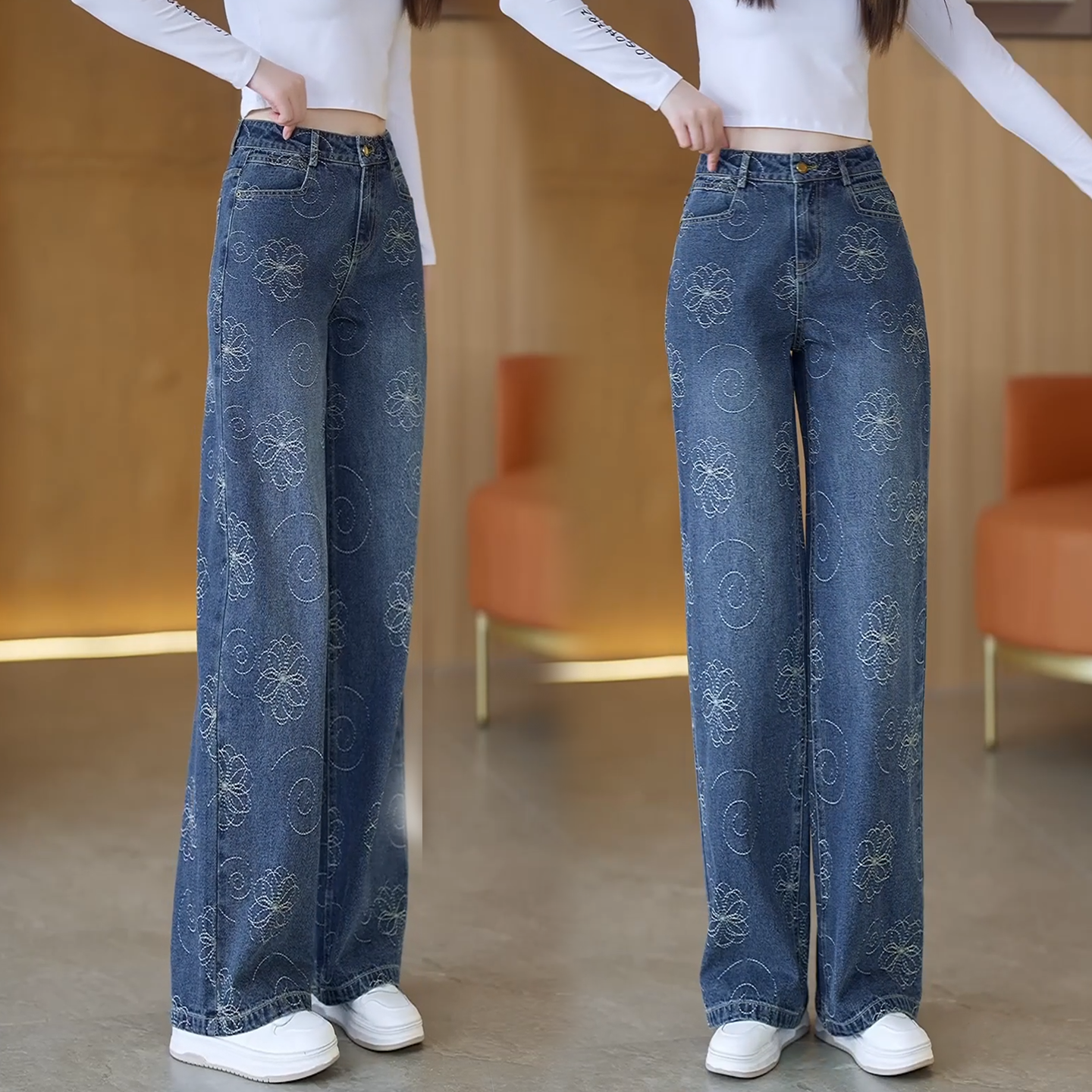 巨好看的提花宽松阔腿牛仔裤女