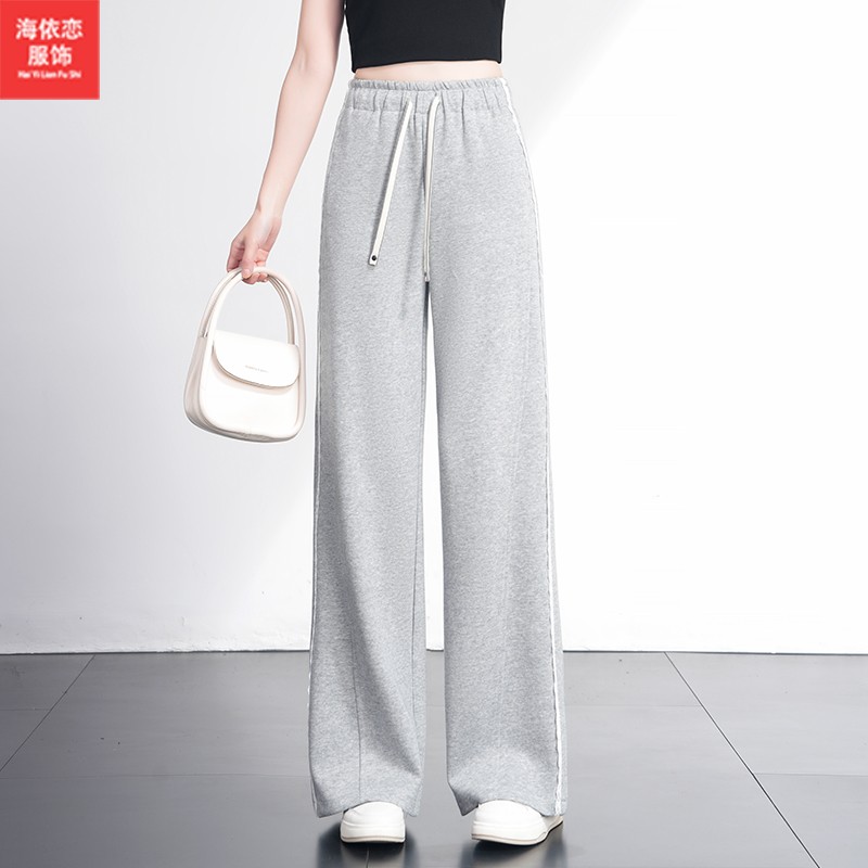 黑色阔腿运动裤女2025新款春秋高腰显瘦宽松休闲窄版直筒蕾丝卫裤