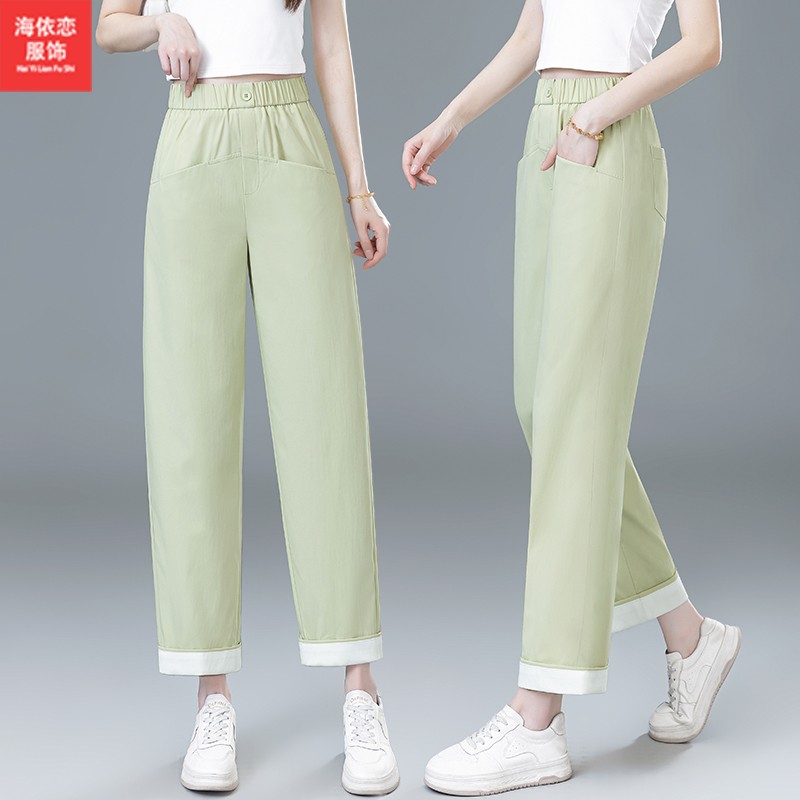 夏季卡其色女士休闲直筒九分哈伦裤2025新款休闲高腰小个子气球裤