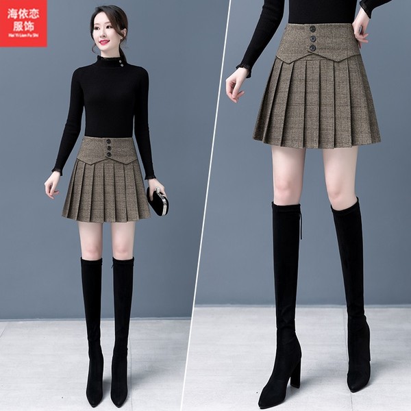 冬季 a字裙 短裙时尚 半身裙女加厚毛呢裙高腰显瘦百褶裙2025年新款