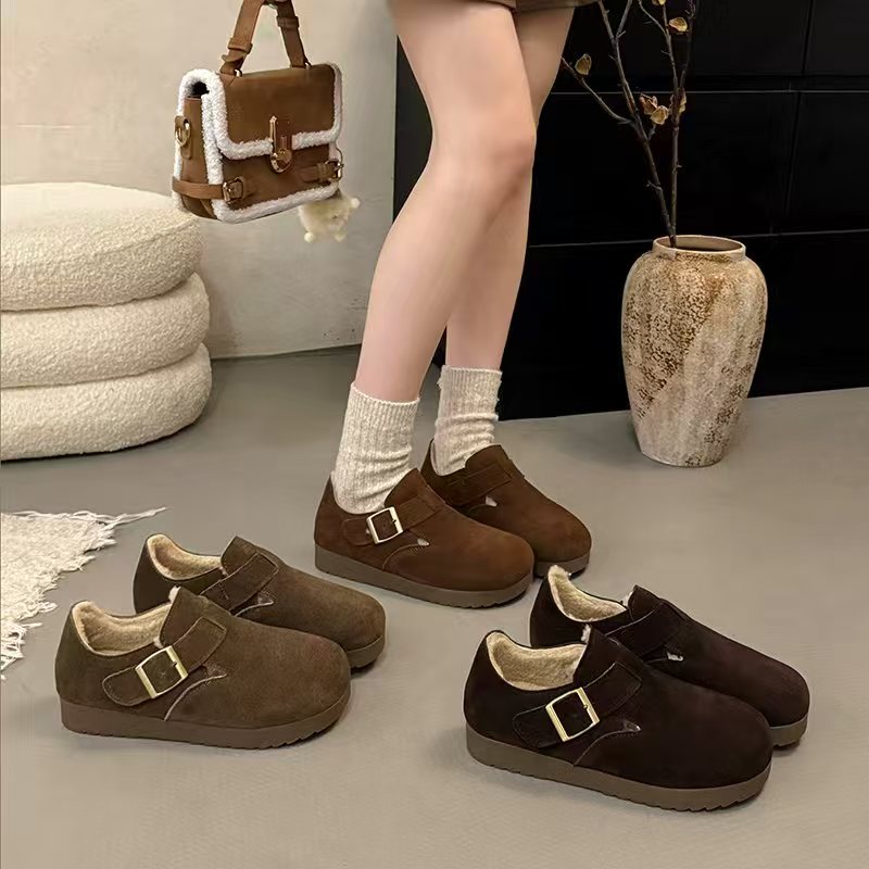 真皮厚底全包勃肯鞋女加绒豆豆鞋2025新款冬季保暖毛毛棉鞋勃肯鞋
