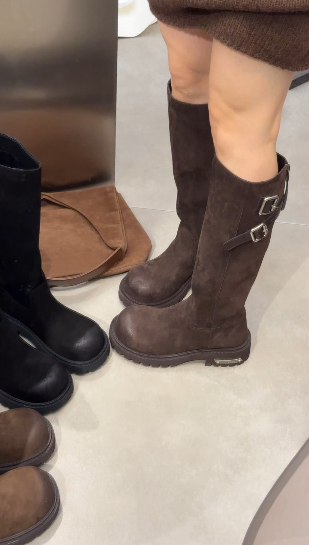 -K 2025冬新款女鞋真皮圆头厚底粗跟高筒靴时尚百搭长靴骑士靴