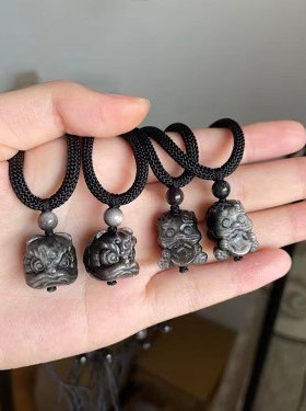 情侣银曜石小醒狮项链雕刻狮子头颈链精品精选颗颗有光黑曜石挂件