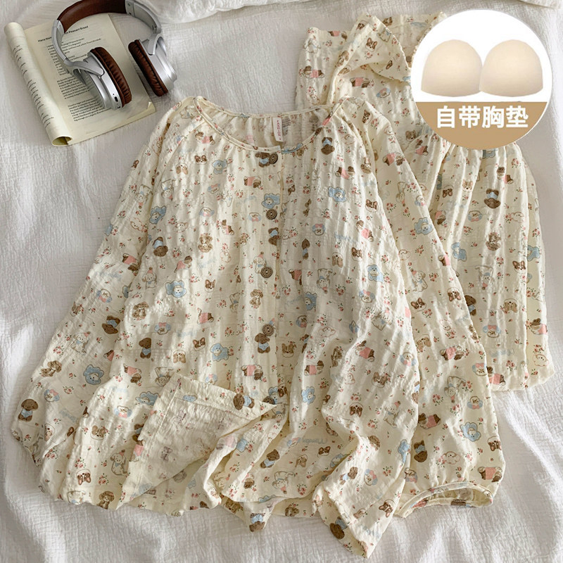 云朵棉睡衣女春秋季长袖带胸垫