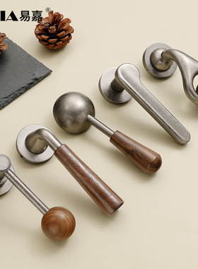 中古风复古银色家用房门锁室内卧室木门磁吸静音侘寂风实木门把手