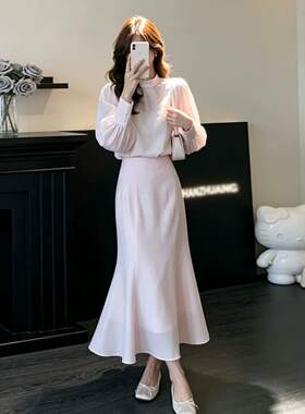 2026新款粉色长袖衬衫半身连衣裙子女早秋季穿搭一整套装鱼尾长裙