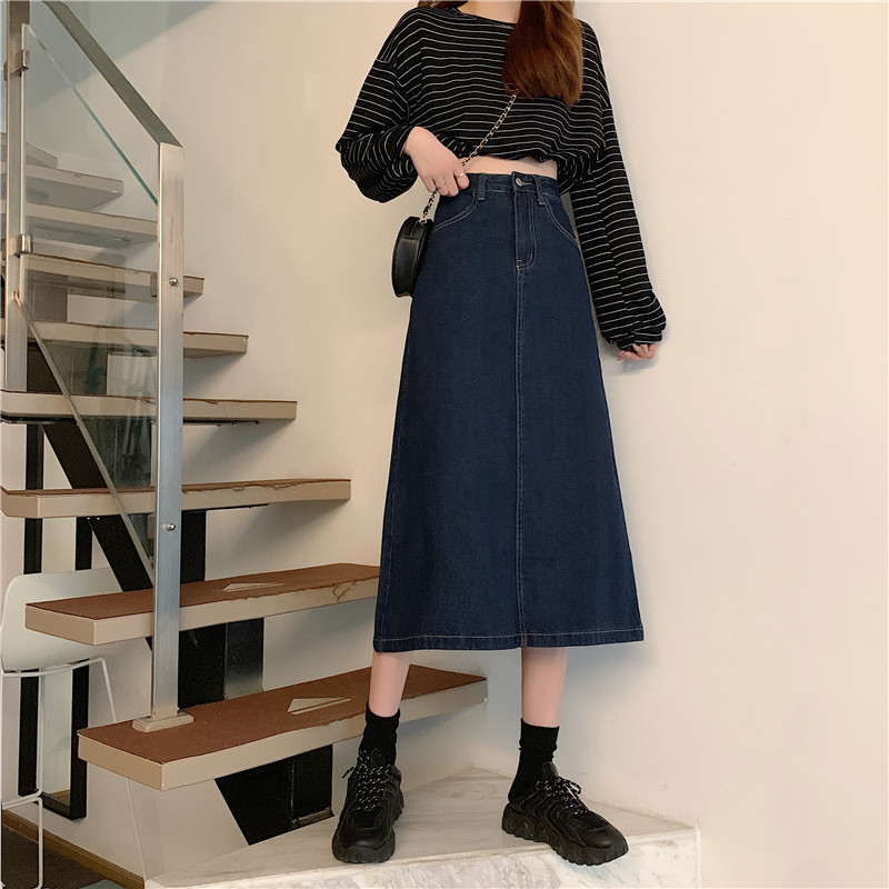 8183 ᦇ denim skirt women 2020 new mesh red medium length A-line skirt high waist skirt shows thin denim skirt trend