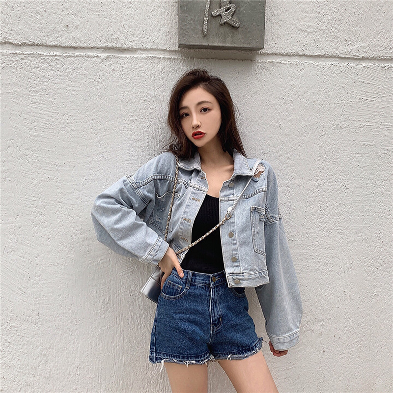 Hong Kong Wind Harajuku loose BF hollow short jeans jacket Korean version jacket