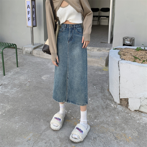 Denim skirt half skirt women's medium length skirt 2022 new spring and autumn Korean Retro High Waist A-shaped skirt