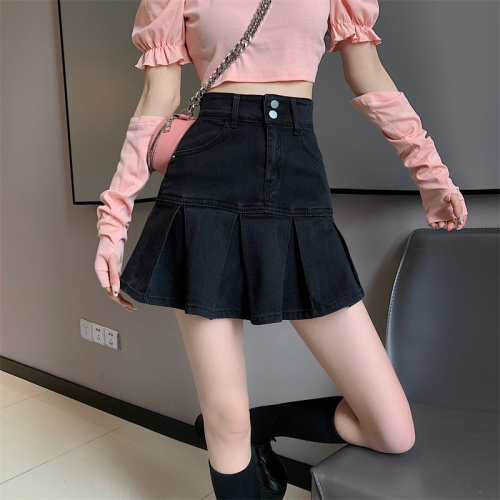 Denim skirt women's spring small pleated skirt new high waist slim word skirt short skirt