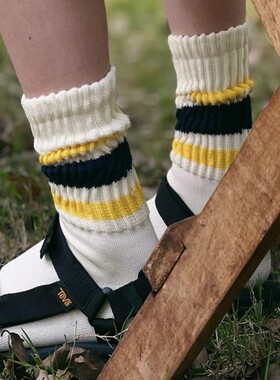 cityboy日系粗线条纹长袜女堆堆袜毛巾底复古中筒袜子男 堆积感