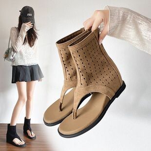 蜻蜓牌真皮镂空平底罗马凉鞋 内增高人字拖凉靴女 女露趾2026夏新款