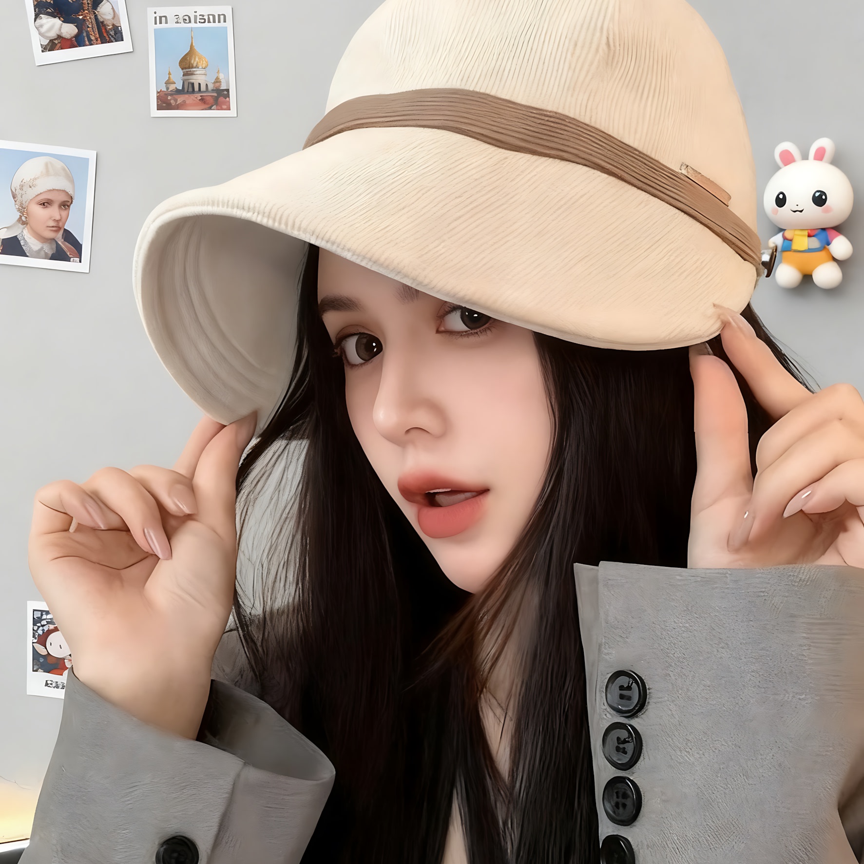 2025新款灯芯绒露思帽百搭大帽檐显脸小保暖优雅时尚秋冬季女帽