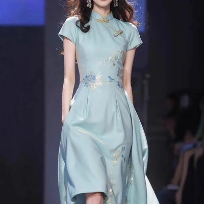 新中式国风女装改良旗袍蓝色宋锦连衣裙子夏季2025新款年轻款高端