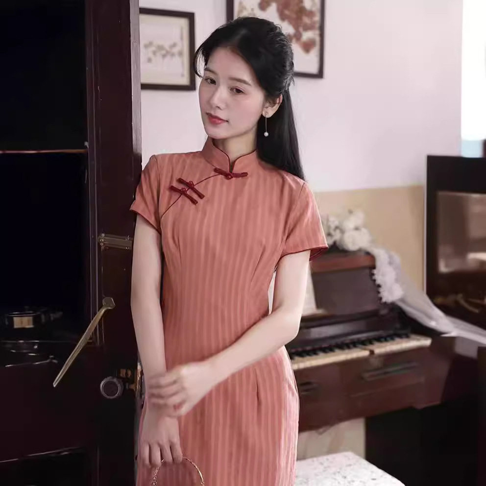 旗袍2025新款夏季改良新中式年轻款少女气质粉色条纹连衣裙民国风