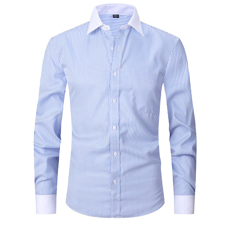 春夏商务长袖男款男时尚袖扣白领衬衣休闲大码男士条纹法式衬衫男