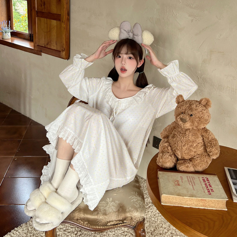 棉质睡裙女款2026年春季新款彩虹点可爱甜美长袖睡衣女士长裙家居