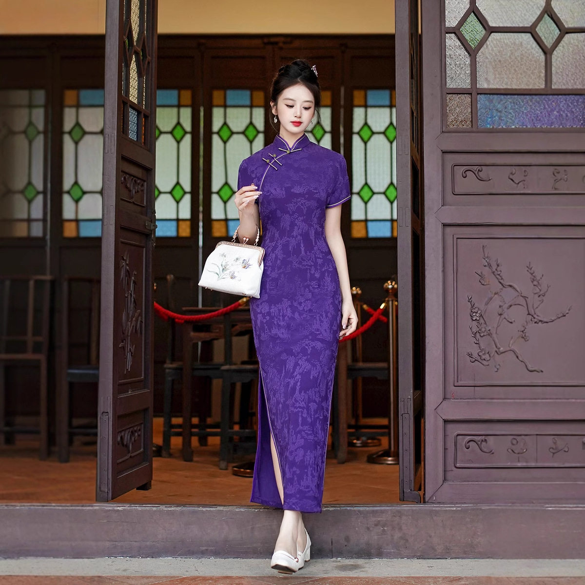 2026春夏新款修身旗袍长裙气质中国风连衣裙便宜演出服短袖礼服女