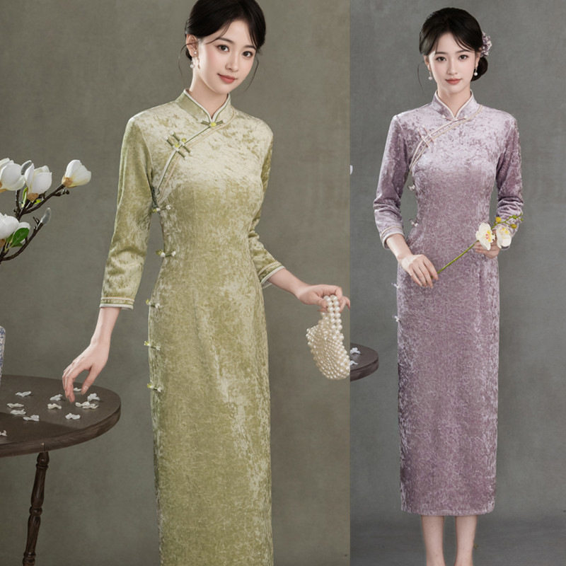 改良年轻款感旗袍2026新款秋冬季丝绒长袖新中式连衣裙礼服女装