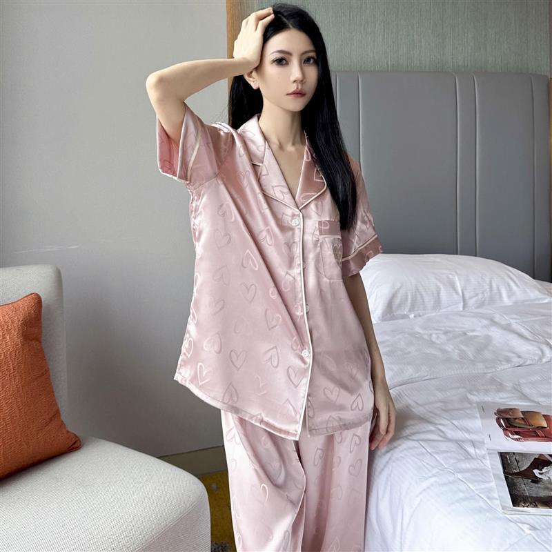 冰雪丝睡衣女士夏季短袖甜美纯色爱心提花丝绸夏天薄款套装家居服