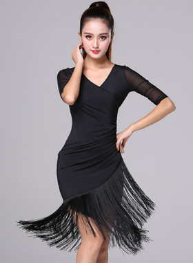 拉丁舞服装成人女连衣裙性感新款成年舞裙流苏裙训练舞蹈练功服夏