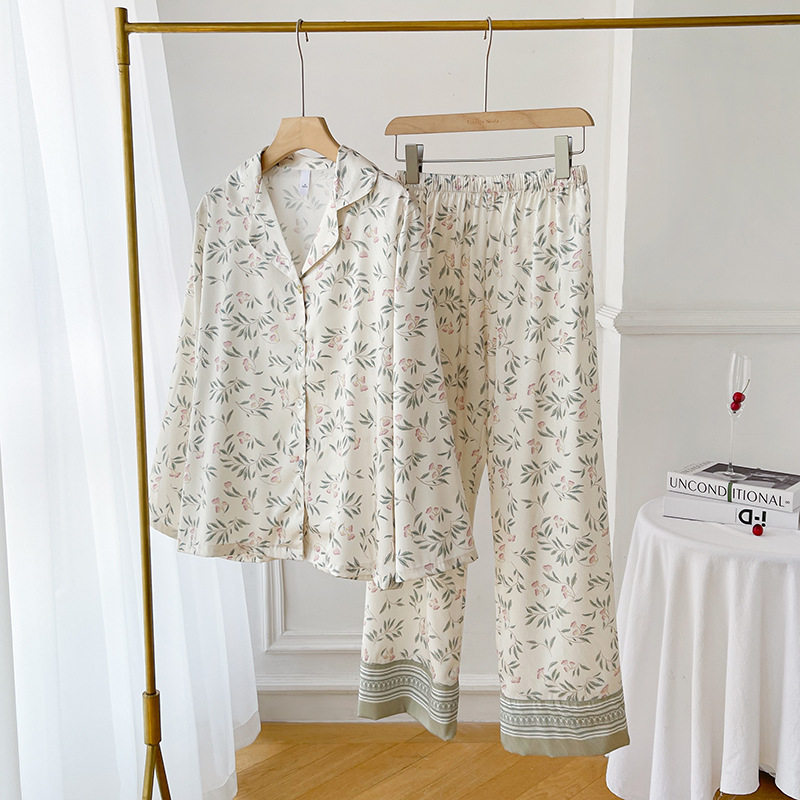 冰丝绸睡衣春秋女款高级感长袖薄款ins风铃兰花春夏季家居服套装