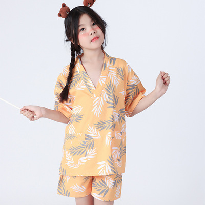 春夏新品儿童家居服睡衣短裤短袖套装简约风浴服汗蒸服女童男童