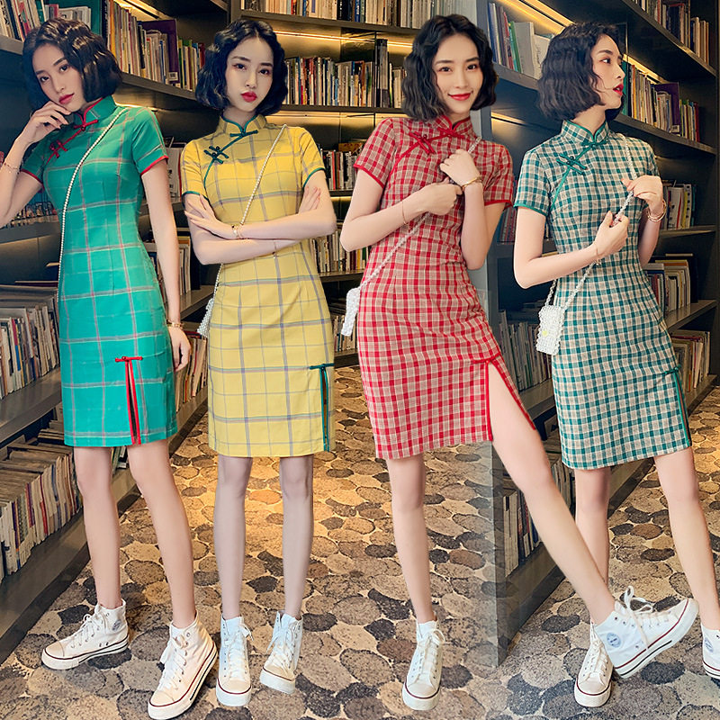 2026春夏新品时尚改良风性感小清新格子旗袍连衣裙日常旗袍女礼服