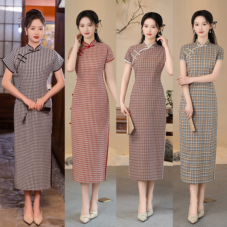 格子旗袍2026年新款高端复古民国风年轻款改良文艺少女连衣裙夏季