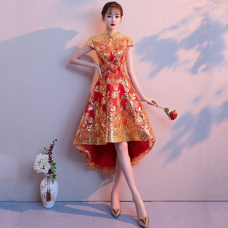 2026新款新娘中式嫁衣立领修身亮片结婚敬酒服前短后长改良旗袍裙