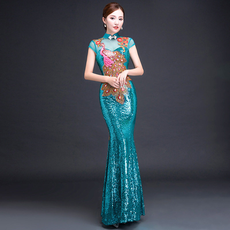 晚礼服女2026时尚连衣裙气场女王长款宴会鱼尾亮片演出改良旗袍女