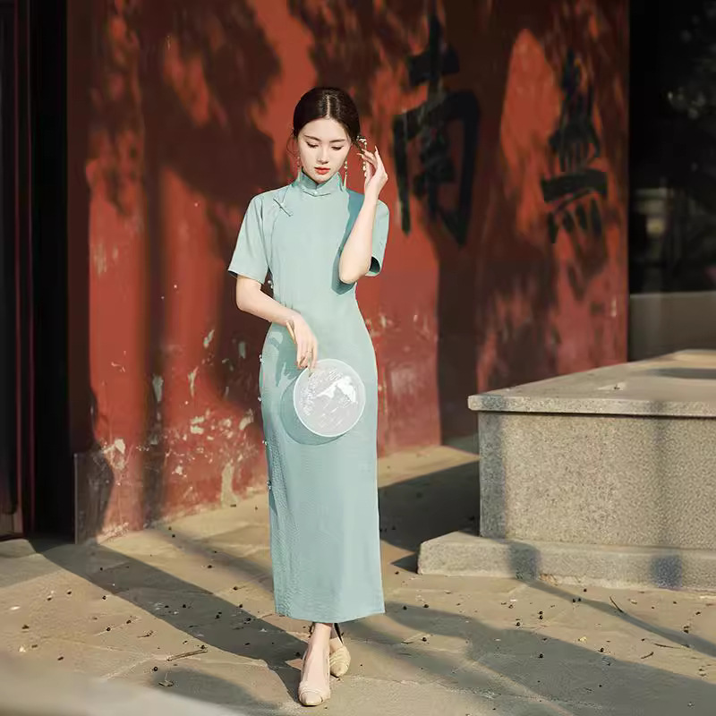 2025春夏新款全开襟无省古法平裁长款棉麻旗袍少女复古立领盘扣