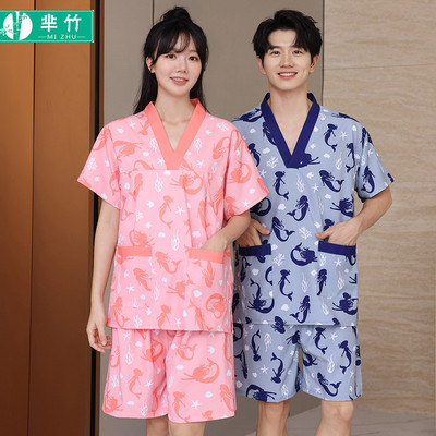 芈竹天丝棉汗蒸服女弹力桑拿印花情侣睡衣男大码洗浴足疗家居服