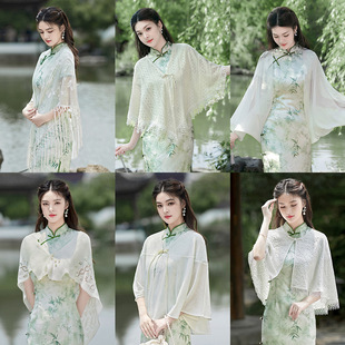 旗袍披肩薄纱外搭开衫2026新款蕾丝百搭流苏外套斗篷感新中式