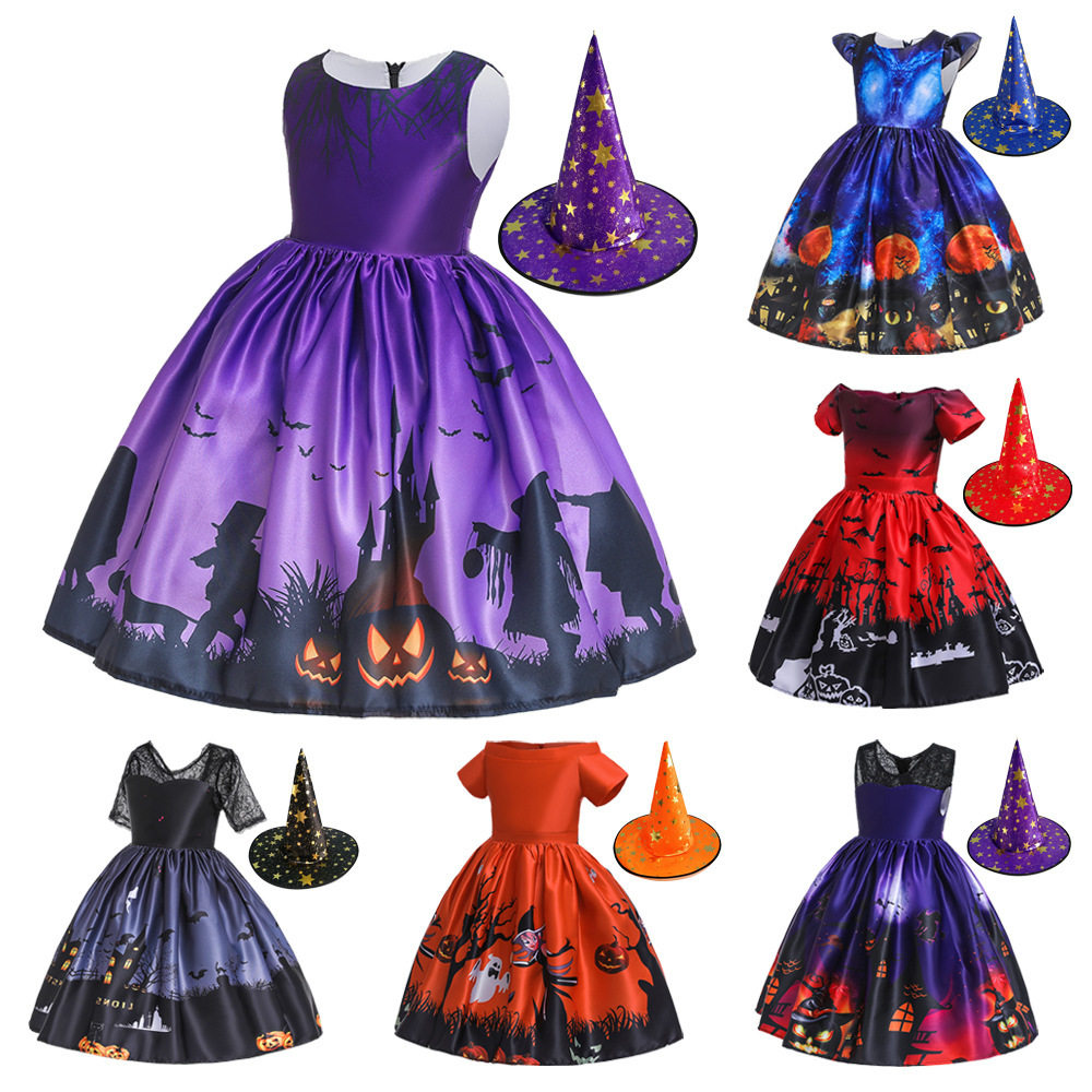 欧美新款wish亚马逊万圣节服装卡通缎布印花儿童演出表演礼服外贸,童装/婴儿装/亲子装,儿童礼服,淘宝优惠券,粉丝福利购,淘宝优惠卷