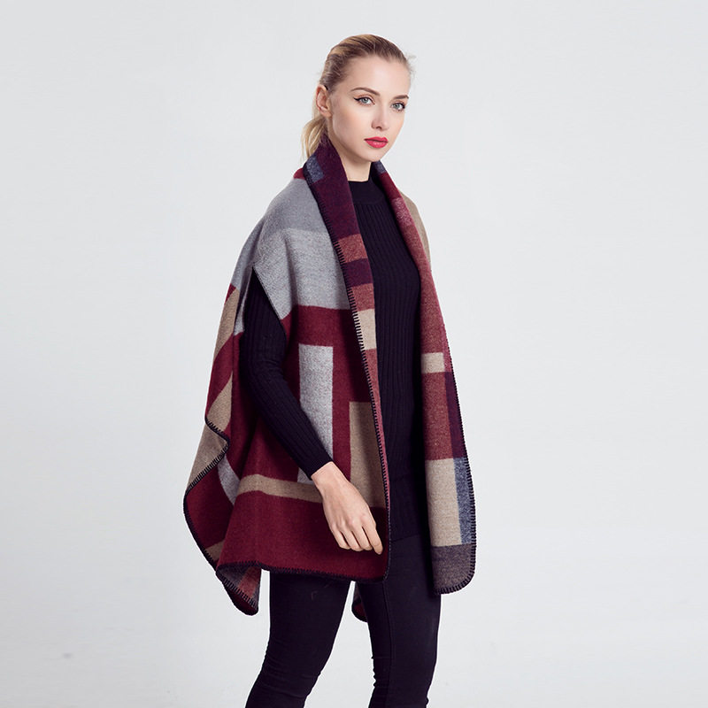 2025春秋冬外贸欧美风腈纶格子仿绒披肩时尚漏手臂拼色方块围巾女