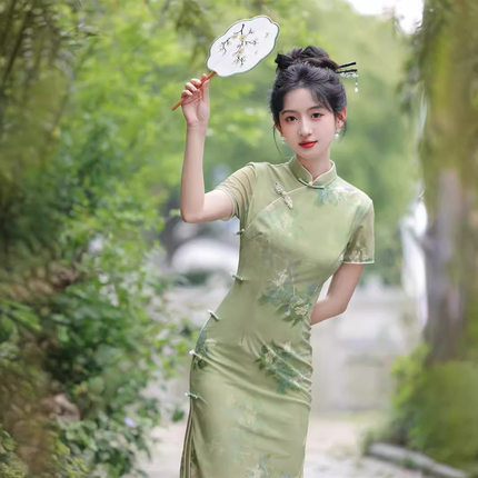 2026夏季新款网纱印花长款侧扣旗袍一路绿灯桂花印花短袖连衣裙
