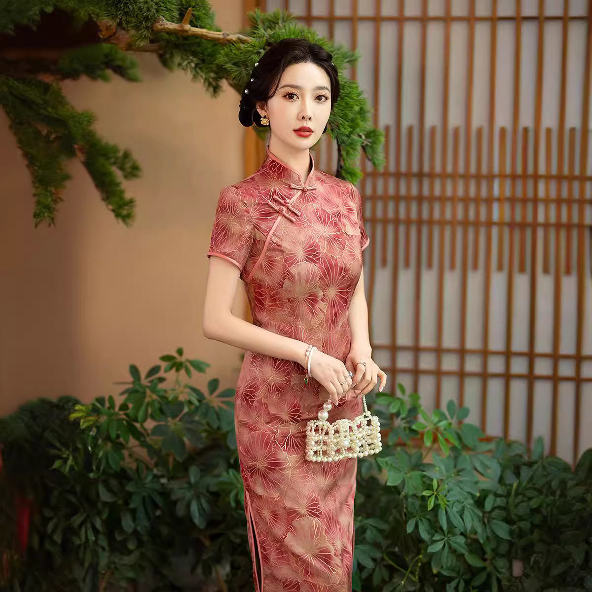 2026新春夏款仿香云纱烫金旗袍双层改良旗袍裙民国风日常修身裙式