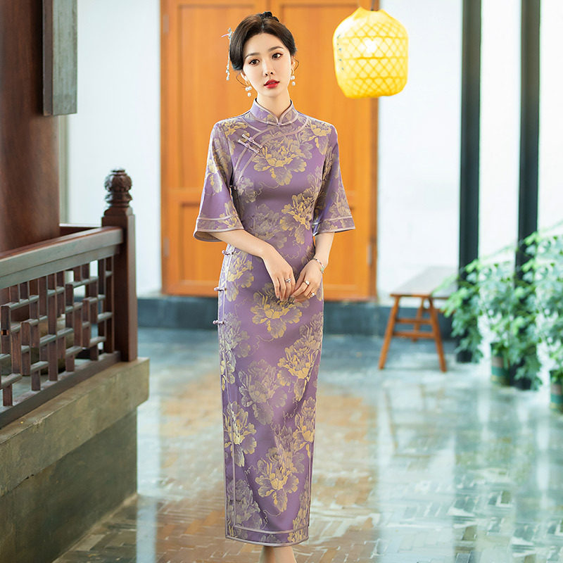 单层倒大袖紫色妈妈高考送考国风新中式长款改良旗袍女感夏季