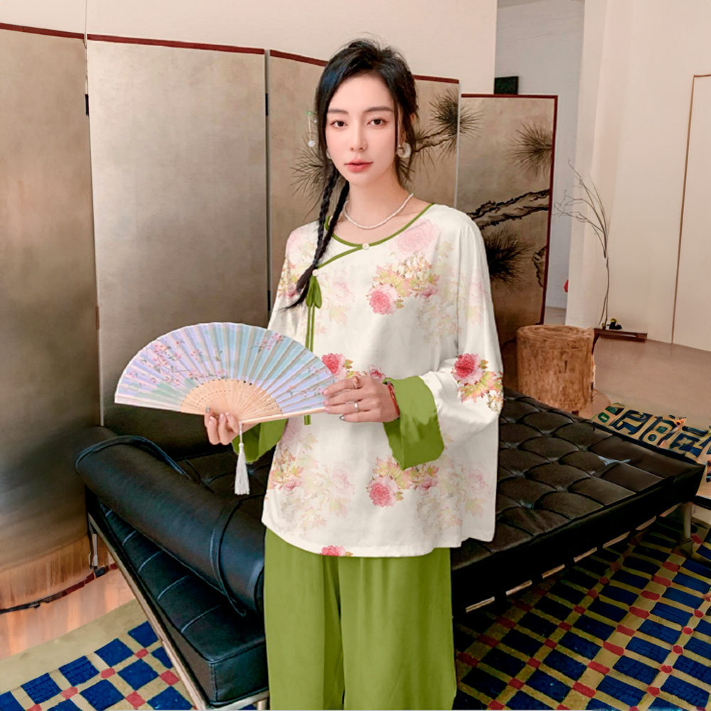 耀婷新中式国风女士睡衣复古风套装缎面雪纺可外穿家居服2026春夏
