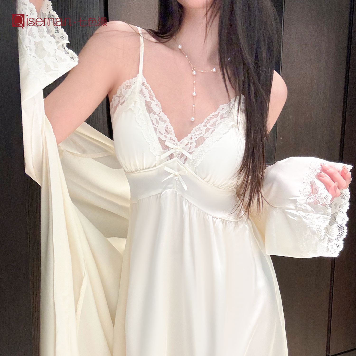 长款吊带法式睡裙春夏显瘦高腰带胸垫性感家居服蕾丝纯欲风睡衣女