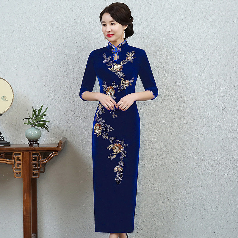 金丝绒旗袍春秋装新款钉珠走秀品质厂家直销改良修身女装连衣裙蓝