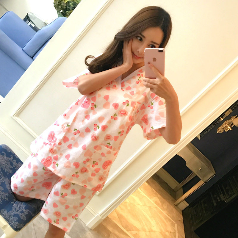 日式韩版可爱家居服睡衣女印花浴服套装短款亲子款汗蒸服女棉酒店