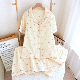 三件套睡衣女士纯棉纱布短袖 家居服套装 短裤 薄款 长裤 绉布2025夏季