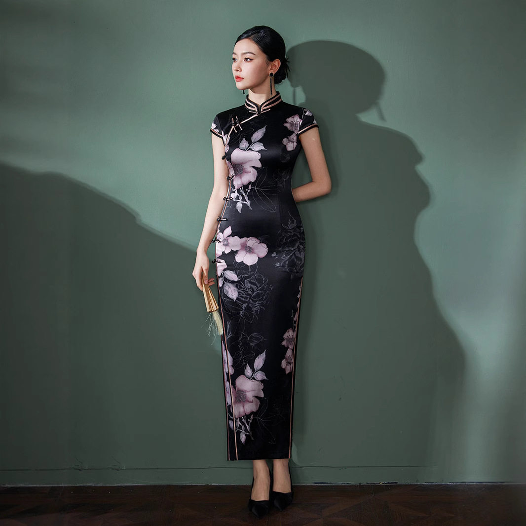 桑蚕丝真丝旗袍女夏感黑色走秀日常改良修身长款2026中式复古礼服