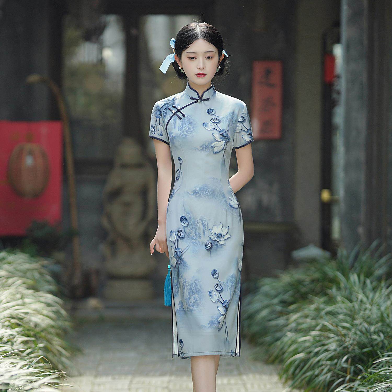 旗袍春夏款2026年新款妈妈高端醋酸改良连衣裙女中长款宴会连衣裙