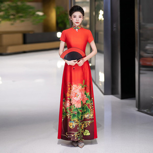 中国风走秀旗袍红色国风图案改良版立领短袖年轻款显瘦旗袍连衣裙